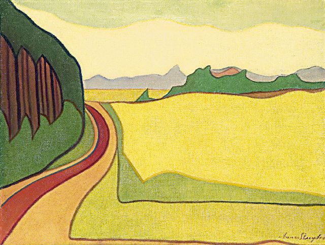 Sluijter J.J.H.  | Landschap met rode weg, Blaricum, olieverf op doek 55,3 x 71,3 cm, gesigneerd r.o. en te dateren ca. 1914