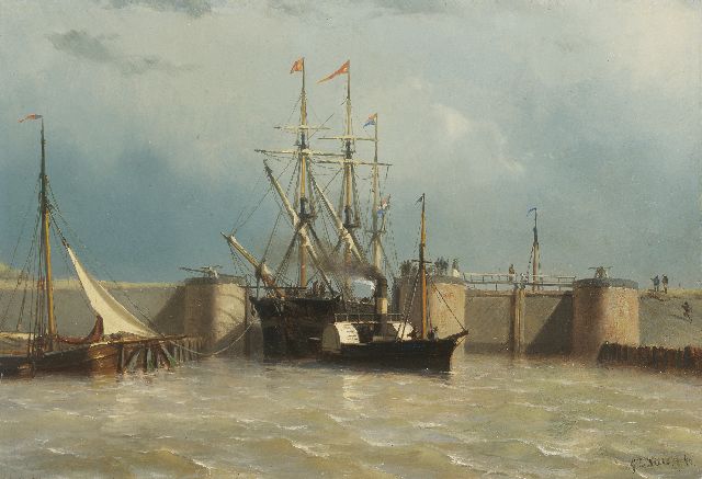 Kiers G.L.  | Radersleepboot met clipper bij (vermoedelijk) de Willemsluis, Amsterdam, gezien vanaf het IJ, olieverf op paneel 26,9 x 39,1 cm, gesigneerd r.o. en gedateerd '60
