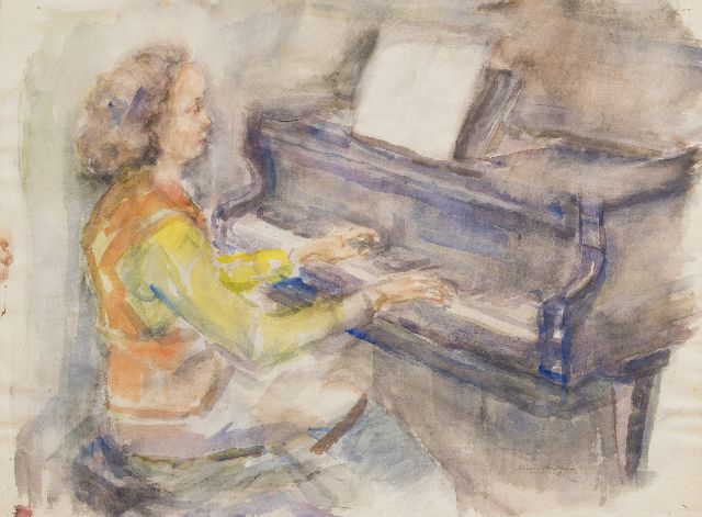 Neuburger E.  | Pianospelende vrouw, houtskool en aquarel op papier 55,8 x 76,3 cm, gesigneerd r.o.