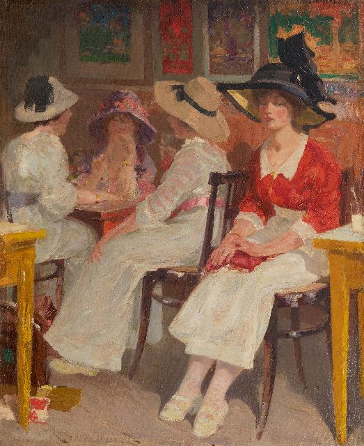 Vaarzon Morel W.F.A.I.  | Jonge vrouwen in een theehuis, olieverf op doek 49,3 x 40,5 cm, gesigneerd r.b.