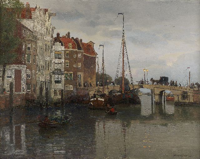 Herrmann J.E.R.  | Hollands stadsgezicht met afgemeerde schepen bij een brug, olieverf op doek 49,0 x 60,0 cm, gesigneerd r.o.