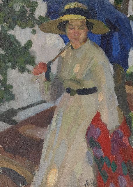 Höfer A.  | Vrouw met strohoed en parasol, olieverf op doek op board 63,3 x 45,8 cm, gesigneerd r.v.h.m. met initialen en te dateren ca. 1910