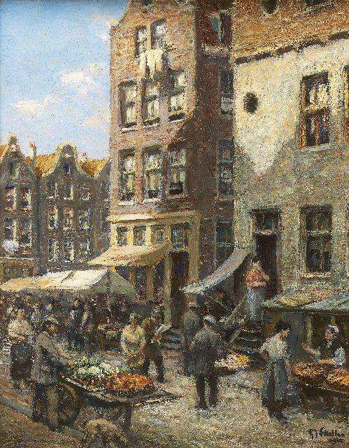 Staller G.J.  | Markt in de Amsterdamse joodse buurt, olieverf op doek op paneel 23,6 x 18,4 cm, gesigneerd r.o. en gedateerd 1912