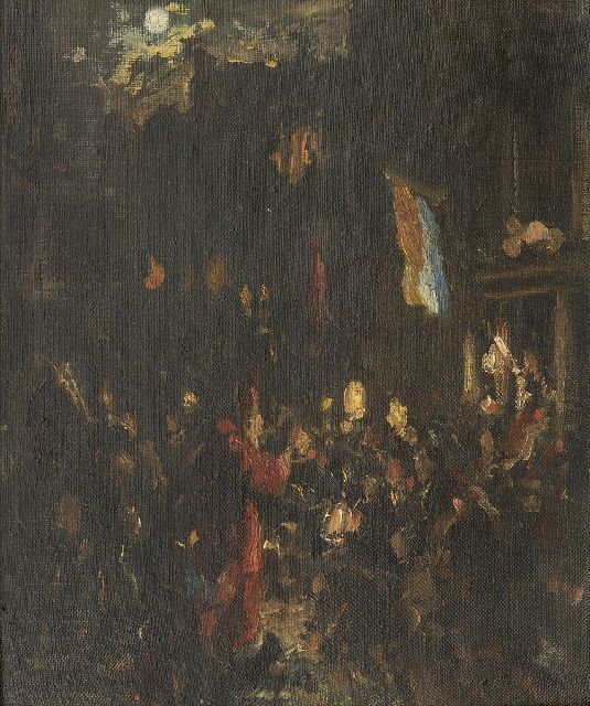 Staller G.J.  | De intocht van Sint Nicolaas in Amsterdam, olieverf op doek op board 29,4 x 25,0 cm, gesigneerd l.o.