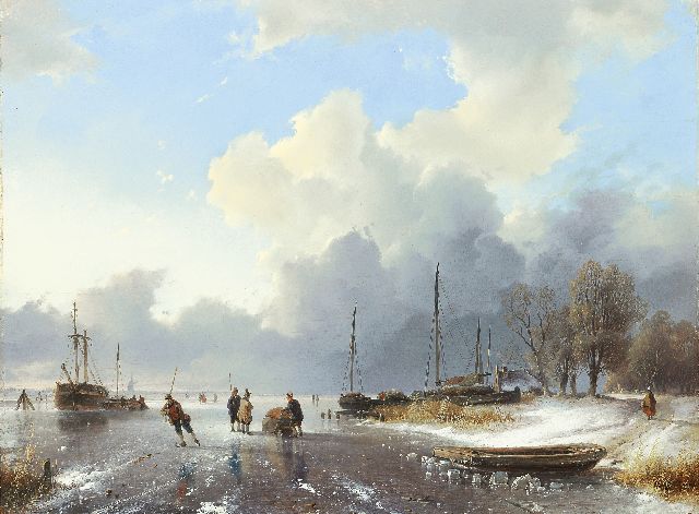 Haanen R.A.  | Bevroren havenmond met schaatsers, olieverf op paneel 51,0 x 67,0 cm, gesigneerd r.o. op de boot en gedateerd 1842