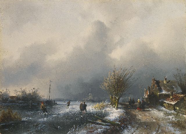 Leickert C.H.J.  | IJsgezicht bij naderende sneeuwstorm, olieverf op paneel 20,4 x 28,2 cm, gesigneerd r.o. en te dateren ca. 1852