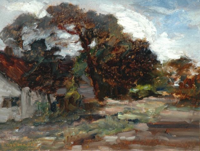 Ven E.E.G. van der | Huis met bomen, olieverf op schildersboard 27,8 x 35,2 cm, gesigneerd l.o.