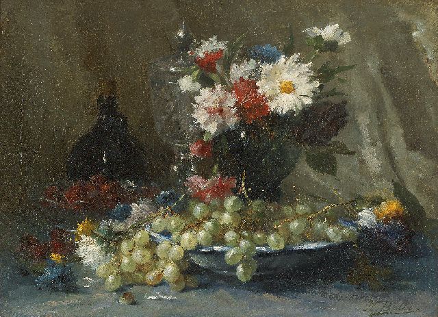 Hubert Bellis | Stilleven met bloemen en fruit, olieverf op doek, 46,4 x 63,2 cm, gesigneerd r.o.