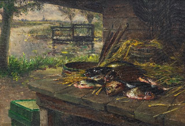 Roelofs jr. W.E.  | Oude vismijn aan het water, olieverf op doek 31,5 x 46,0 cm, gesigneerd l.o. op rand van de tafel