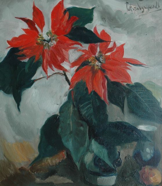 Wijngaerdt P.T. van | Poinsetta's (Kerststerren) met goudreinette, olieverf op doek 80,1 x 70,6 cm, gesigneerd r.b.