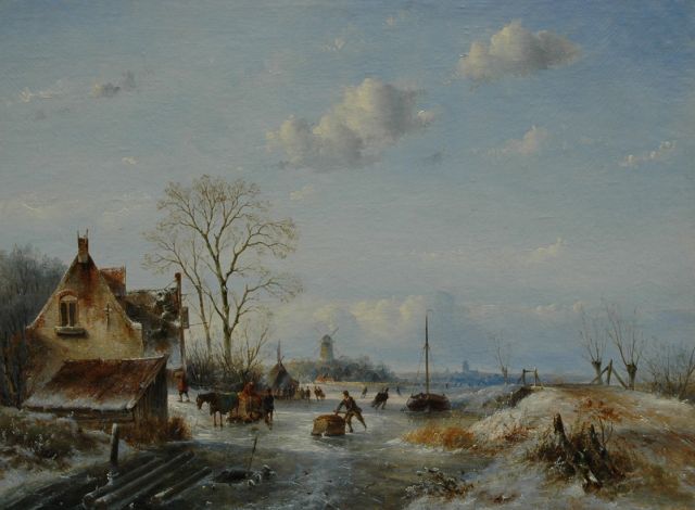 Hans J.G.  | IJsvermaak op een zonnige winterdag, olieverf op doek 53,3 x 71,0 cm, gesigneerd r.o. (vaag)