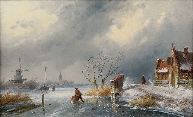 Leickert C.H.J.  | Winters landschap met schaatsers en duwslede, olieverf op paneel 16,2 x 26,2 cm, gesigneerd r.o.