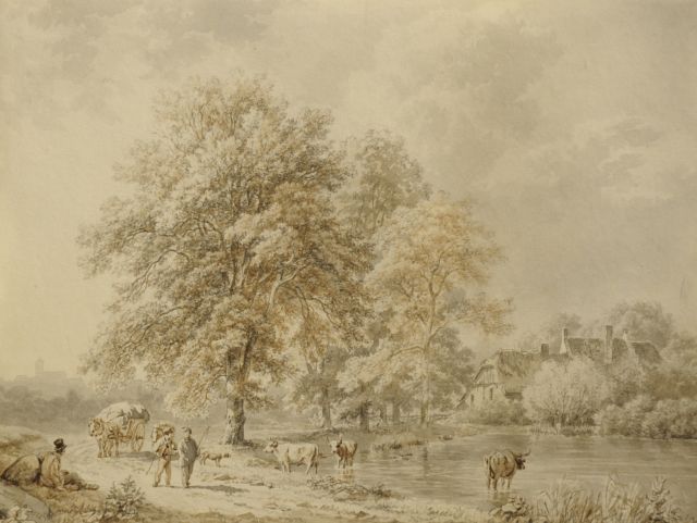 Koekkoek B.C.  | Reizigers en herder met vee op bebost pad langs een beek, gewassen pen op papier 16,4 x 22,0 cm, gesigneerd l.o. en gedateerd 1837