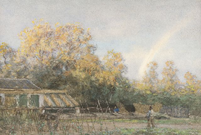 Tholen W.B.  | De groentetuin van Ewijkshoeve met regenboog, aquarel en gouache op papier 35,6 x 53,6 cm, gesigneerd l.o.