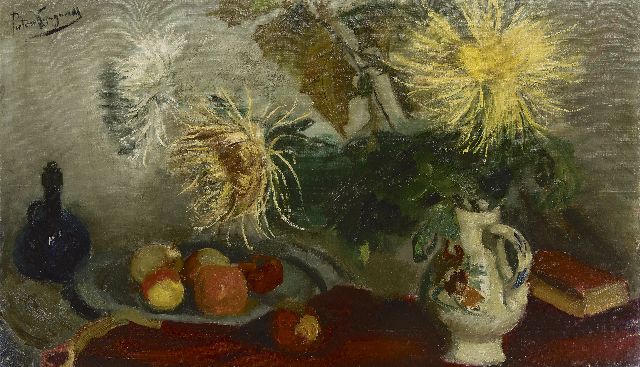 Wijngaerdt P.T. van | Chrysanten en vruchten, olieverf op doek 70,0 x 119,9 cm, gesigneerd l.b. en verso