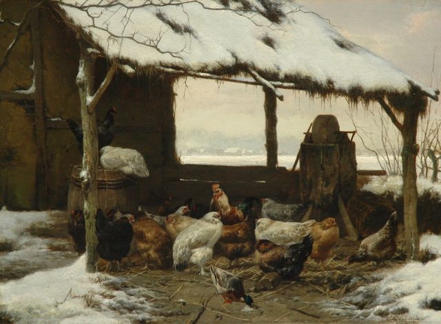Maes E.R.  | Haan met kippen onder een besneeuwd afdak  (alleen tezamen met zomer), olieverf op paneel 26,6 x 36,0 cm, gesigneerd r.o.