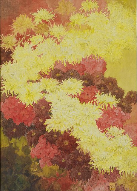 Dee C.H.  | Herfstbloemen, potlood en aquarel op papier 77,0 x 55,0 cm, gesigneerd r.o. met monogram