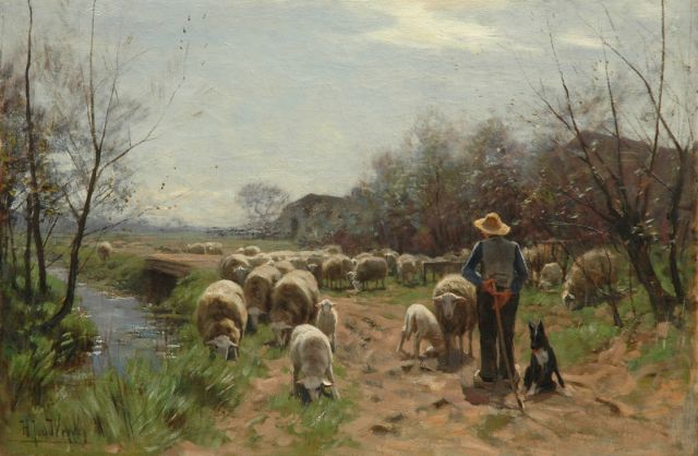 Weele H.J. van der | Schaapherder met kudde, olieverf op doek 58,1 x 86,5 cm, gesigneerd l.o.