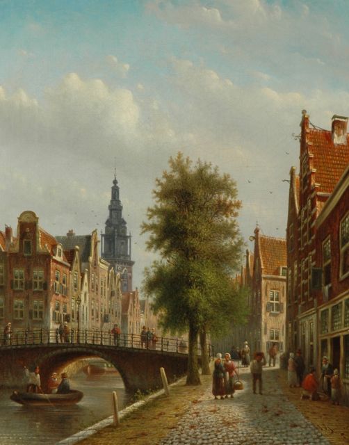 Johannes Franciscus Spohler | Hollands stadsgezicht met de Amsterdamse Zuiderkerk, olieverf op doek, 43,7 x 35,0 cm, gesigneerd r.o.