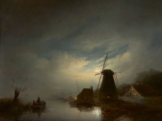 Vester W.  | Rivierlandschap met molen bij maanlicht, olieverf op paneel 28,1 x 37,2 cm, gesigneerd l.o.