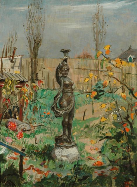 Kamerlingh Onnes H.H.  | Het tuinbeeld, olieverf op paneel 37,2 x 27,2 cm, gesigneerd met monogram r.o. en l.m. en gedateerd '45 r.o. en '46 l.m.