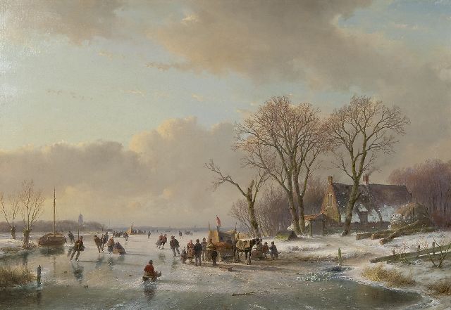 Andreas Schelfhout | Schaatsvertier op een bevroren rivier, olieverf op doek, 65,3 x 93,1 cm, gesigneerd l.o. en te dateren ca. 1850-1860