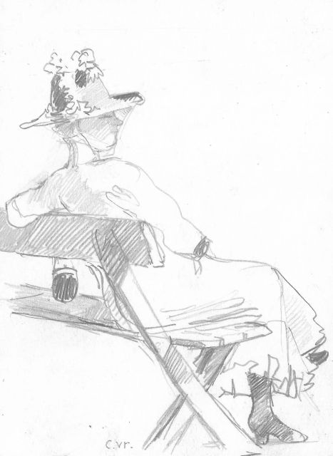 Vreedenburgh C.  | Jonge vrouw op een bankje in het park, potlood op papier 15,9 x 12,0 cm, gesigneerd l.v.h.m. met initialen
