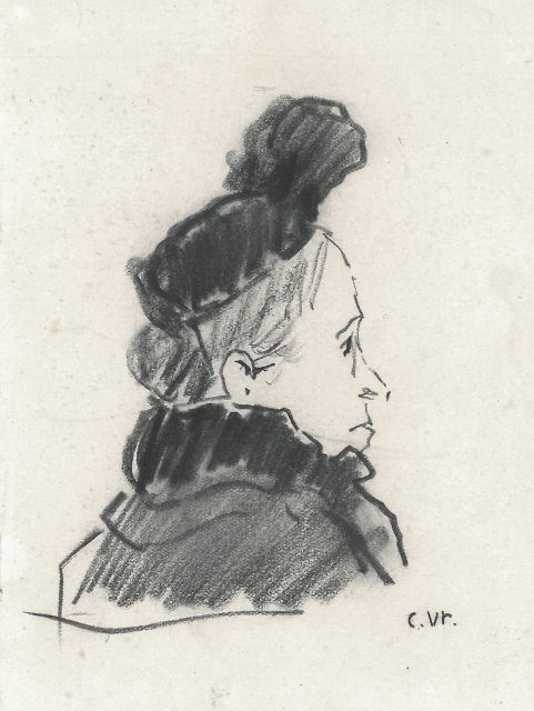 Vreedenburgh C.  | Studie van een vrouw met modieus hoedje, zwart krijt op papier 10,3 x 9,3 cm, gesigneerd r.o. met initialen