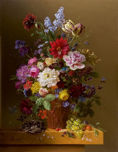 Bloemers A.  | Bloemen in een terracotta vaas op een marmeren blad, olieverf op paneel 104,2 x 81,4 cm, gesigneerd l.o. met monogram en gedateerd 1839