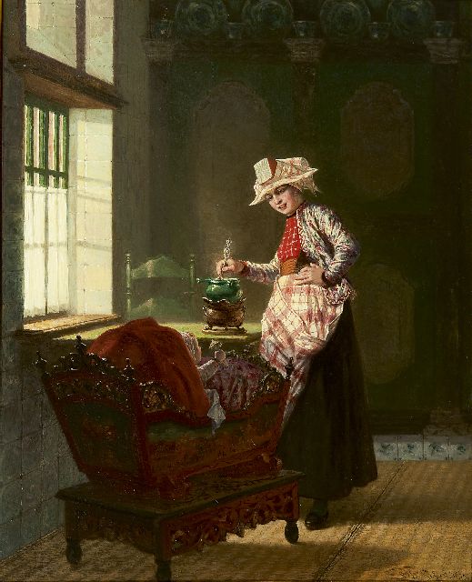 Sebes P.W.  | Hindelooper interieur met moeder en kind, olieverf op paneel 55,9 x 45,3 cm, gesigneerd r.o. en gedateerd 1879