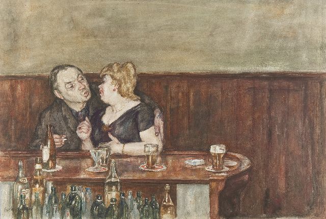Kemper C.J.  | De schilder Jan Burgerhout met geliefde in een café, aquarel op papier 49,6 x 74,2 cm, gesigneerd l.o. en gedateerd '68