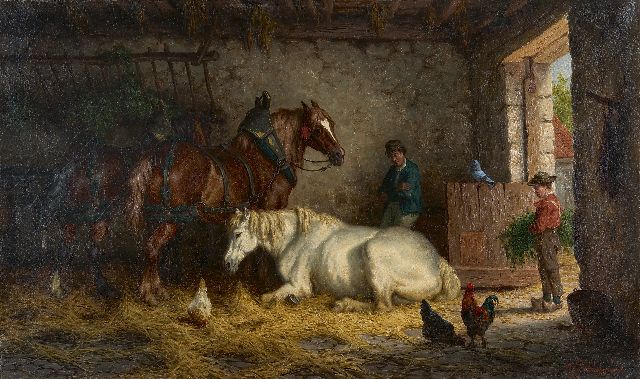 Boogaard W.J.  | Stalinterieur met drie paarden, olieverf op doek 45,6 x 76,8 cm, gesigneerd r.o.