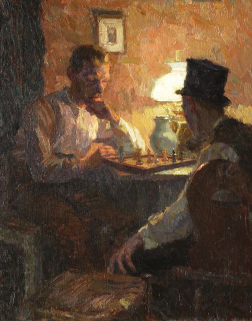 Köhler A.  | Schaakspel bij lamplicht, olieverf op doek 84,5 x 67,0 cm, gesigneerd r.o.