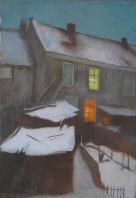 Bolding C.  | Verlichte huizen in de winter, Amsterdam, olieverf op paneel 50,9 x 35,7 cm, gesigneerd l.o. en gedateerd '28