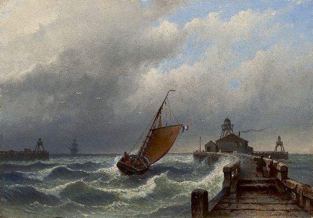Hilverdink E.A.  | Zeilschip bij een havenhoofd met lichtbaak, olieverf op paneel 24,5 x 34,8 cm, gesigneerd r.o.