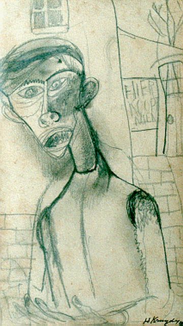 Kruyder H.J.  | Een man: 'hier koopt men', tekening op papier 18,0 x 11,0 cm, gesigneerd r.o. en gedateerd 1929