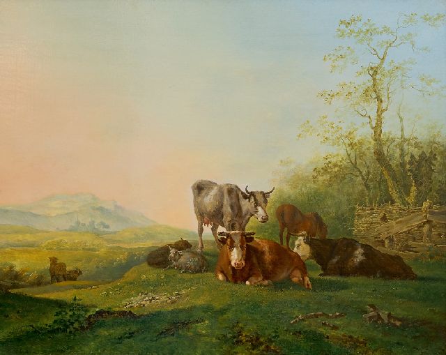 Straaten B. van | Koeien en schapen bij een hek, olieverf op paneel 29,7 x 36,9 cm, gesigneerd r.o. en zonder lijst