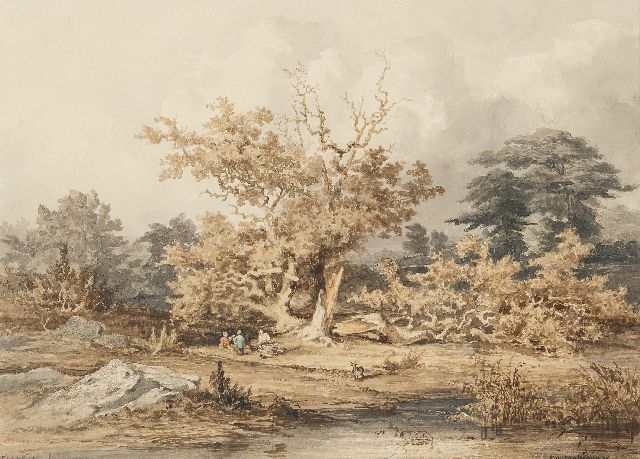 Kuytenbrouwer II M.A.  | Gezicht in het bos van Fontainebleau, bruine inkt, zwart krijt en aquarel op papier 24,6 x 34,0 cm, gesigneerd r.o.