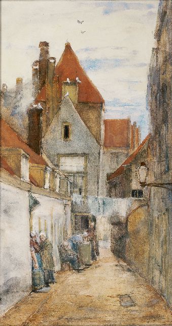 Breitner G.H.  | Straatje in Rotterdam, aquarel op papier 51,8 x 27,8 cm, gesigneerd r.o. en te dateren ca. 1880