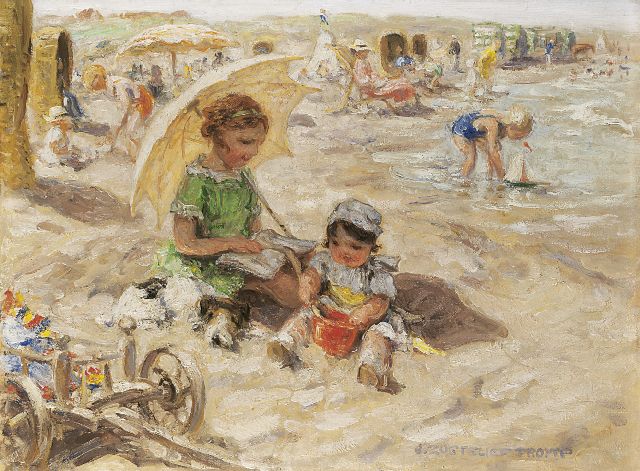 Jan Zoetelief Tromp | Een dag op het strand, olieverf op doek, 30,0 x 40,0 cm, gesigneerd r.o. en verso