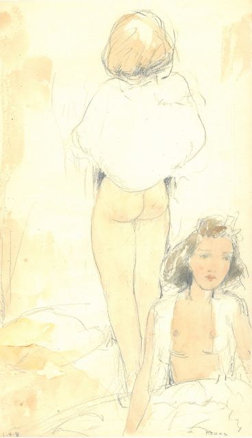 Kloos C.  | Twee vrouwen, halfnaakt, potlood en aquarel op papier 30,8 x 18,0 cm, gesigneerd r.o. en gedateerd 1-4-41