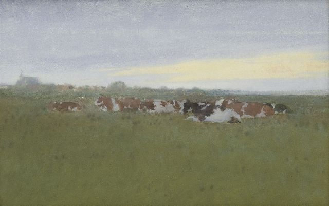 Voerman sr. J.  | Rustende koeien in de wei bij Hattem, aquarel op papier 27,7 x 42,9 cm, gesigneerd r.o.