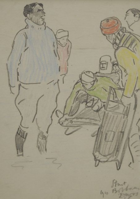 Willy Sluiter | Start bobbaan, Davos 1910, potlood en kleurpotlood op papier, 16,9 x 11,8 cm, gesigneerd r.o. met initialen en gedateerd 1910