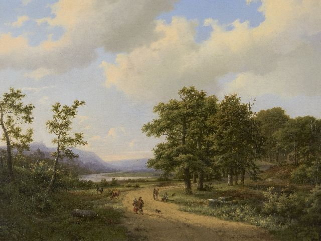 Koekkoek I M.A.  | Boomrijk landschap met figuren op een landweg, olieverf op doek 47,0 x 62,0 cm, gesigneerd r.v.h.m. en gedateerd 1862