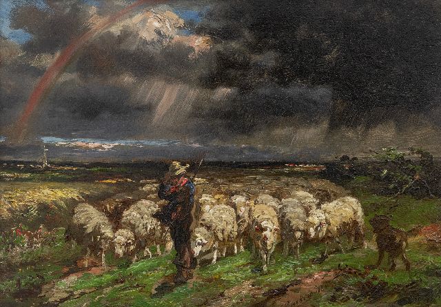 Franse School, 19e eeuw   | Kudde schapen, vluchtend voor het onweer/regenboog, olieverf op paneel 18,7 x 27,0 cm, gesigneerd r.m.
