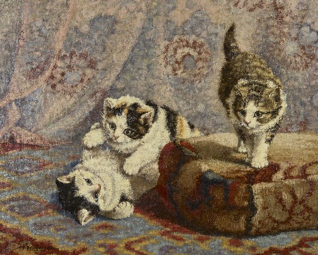 Raaphorst C.  | Drie spelende katjes bij een poef, olieverf op doek 40,4 x 50,7 cm, gesigneerd l.o.