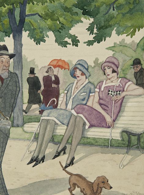 Claus M.  | Elegante dames op een bank in het park, aquarel op papier 23,1 x 16,9 cm, gesigneerd r.o. en te dateren ca. 1927