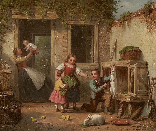 Andries Scheerboom | Spelen met het konijn, olieverf op doek, 25,8 x 30,8 cm, gesigneerd r.o. met monogram en gedateerd 1866