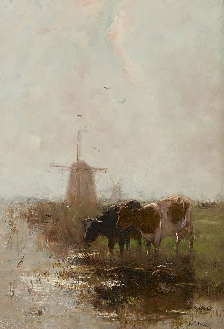 Maris W.  | Koeien aan de waterkant, olieverf op doek 37,2 x 25,7 cm, gesigneerd r.o. (tweemaal)
