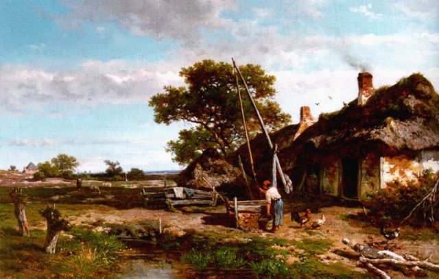 Roelofs W.  | Bij de put op boerenerf, olieverf op doek op paneel 42,5 x 66,0 cm, gesigneerd l.o. en gedateerd 1855
